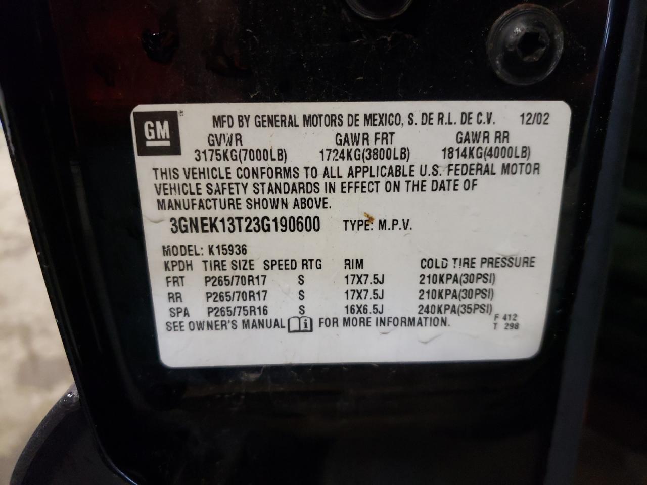Photo 10 from auction – 2003 CHEVROLET AVALANCHE with VIN 3GNEK13T23G190600