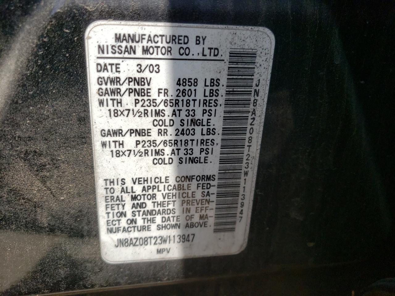 Photo 10 from auction – 2003 NISSAN MURANO SL with VIN JN8AZ08T23W113947
