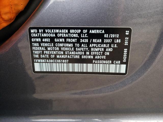 Photo 10 from auction – 2012 VOLKSWAGEN PASSAT SE with VIN 1VWBN7A39CC051637