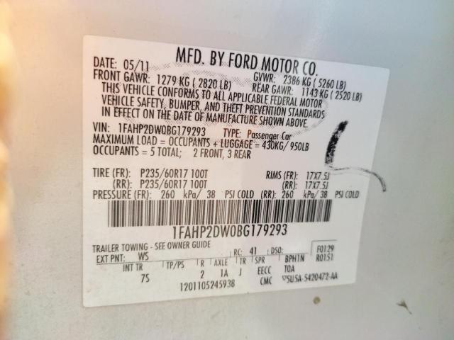 Photo 10 from auction – 2011 FORD TAURUS SE with VIN 1FAHP2DW0BG179293