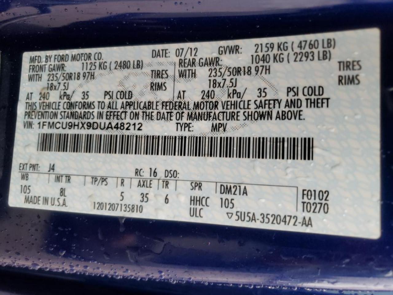 Photo 10 from auction – 2013 FORD ESCAPE SEL with VIN 1FMCU9HX9DUA48212