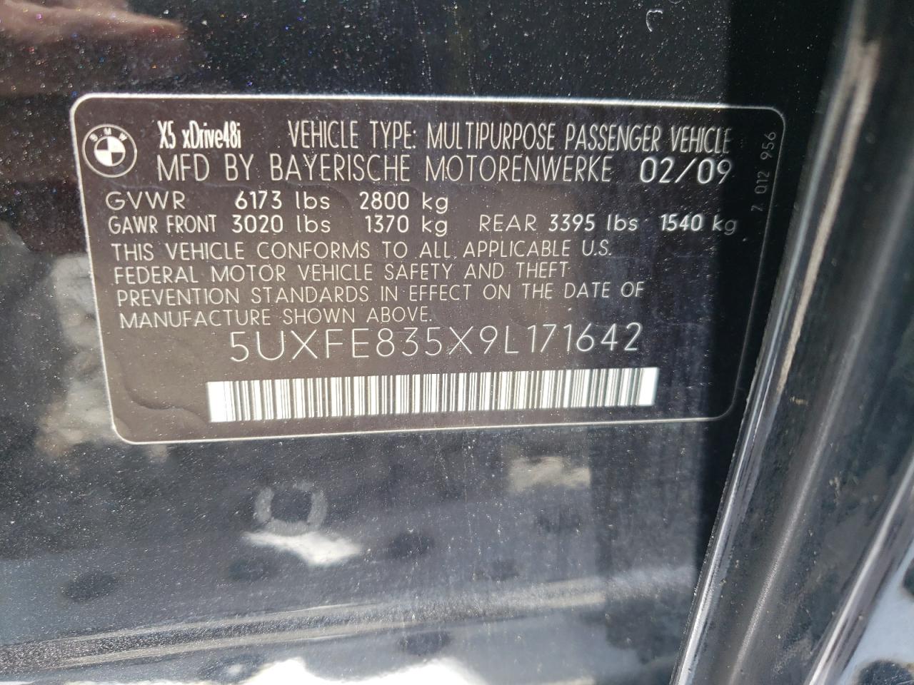 Photo 10 from auction – 2009 BMW X5 XDRIVE4 with VIN 5UXFE835X9L171642