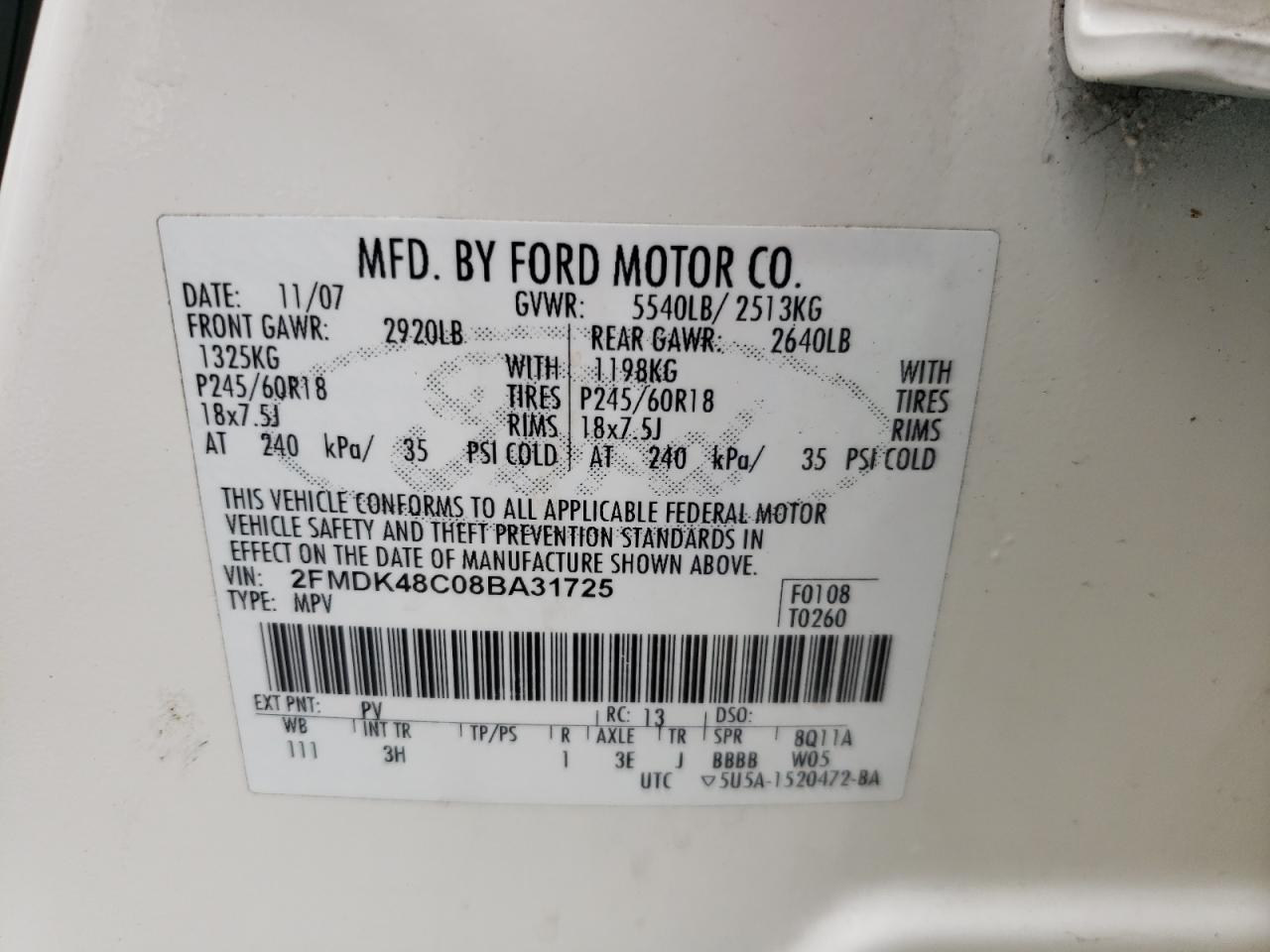 Photo 10 from auction – 2008 FORD EDGE SEL with VIN 2FMDK48C08BA31725