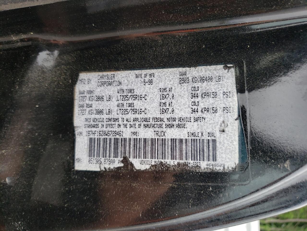Photo 10 from auction – 1998 DODGE RAM 1500 with VIN 1B7HF16Z0WS728461