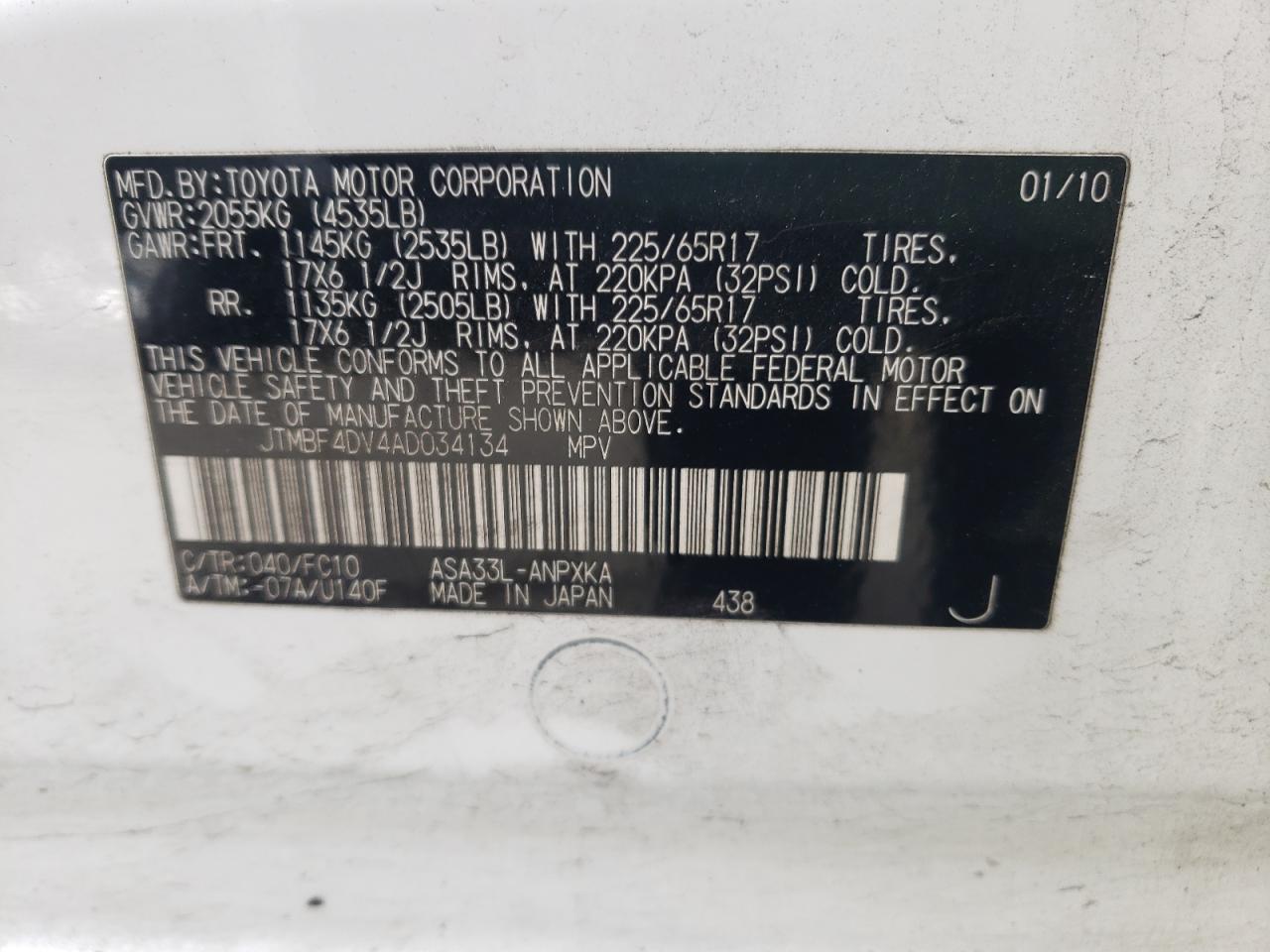 Photo 10 from auction – 2010 TOYOTA RAV4 with VIN JTMBF4DV4AD034134