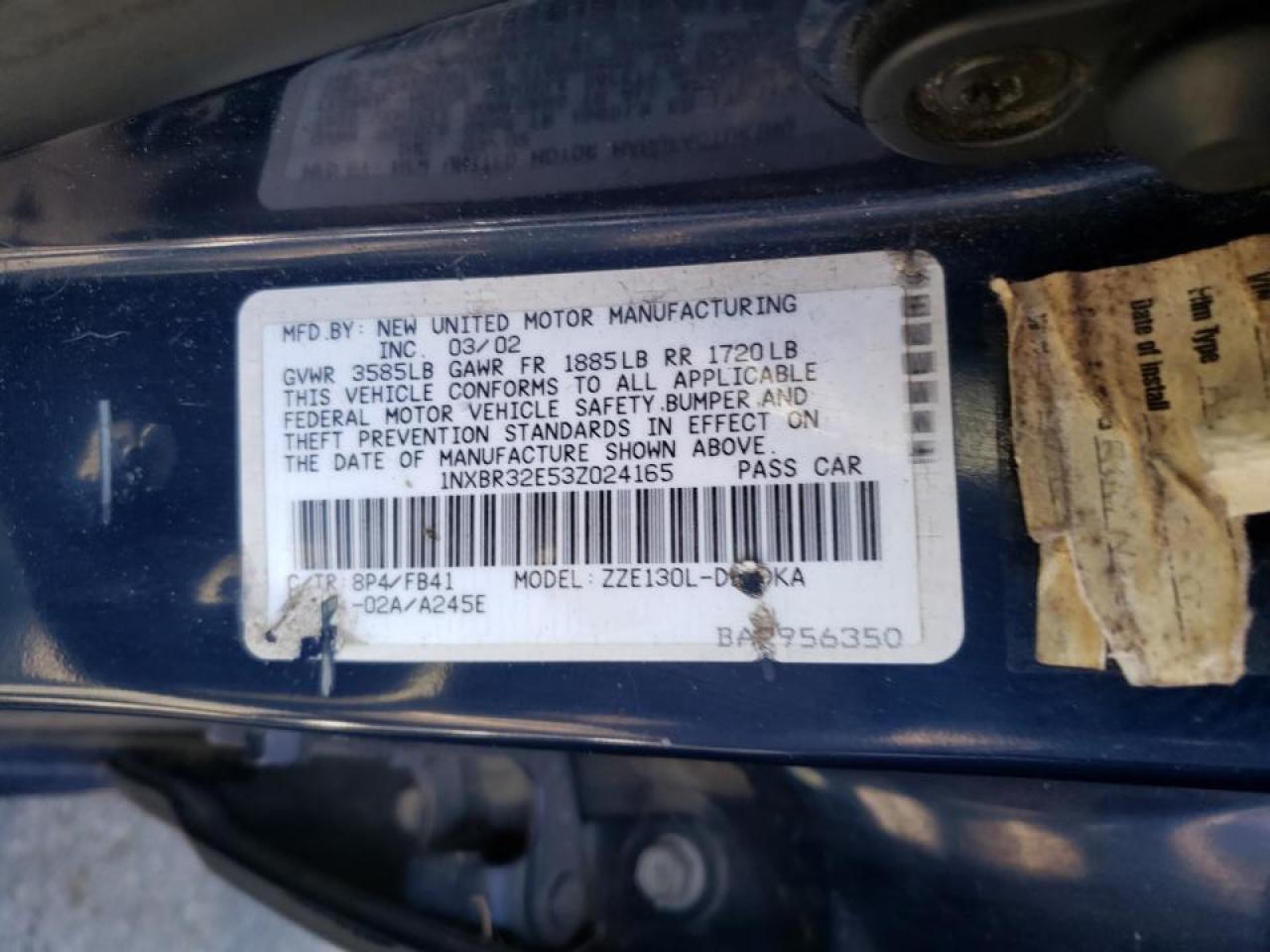 Photo 10 from auction – 2003 TOYOTA COROLLA CE with VIN 1NXBR32E53Z024165