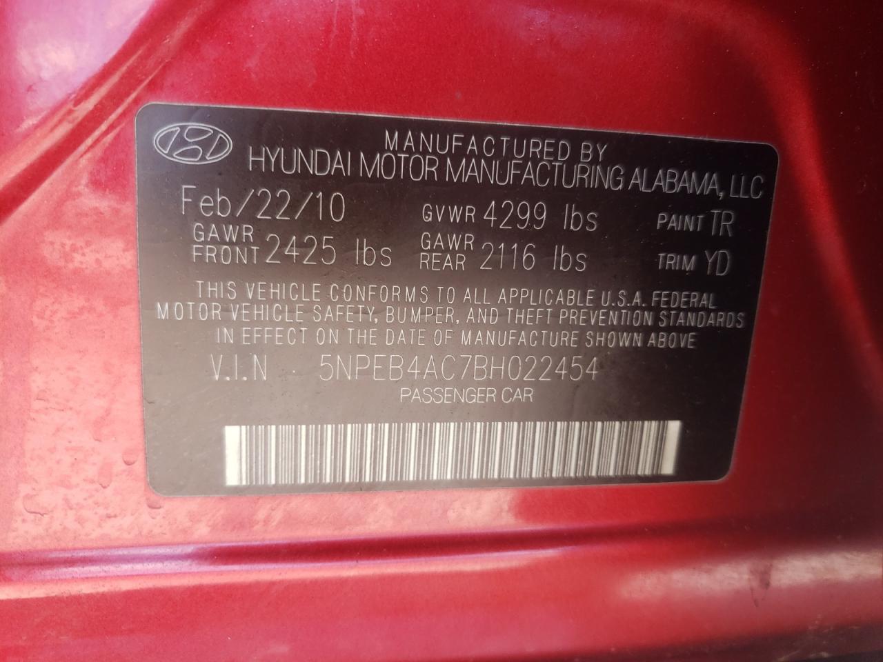 Photo 10 from auction – 2011 HYUNDAI SONATA GLS with VIN 5NPEB4AC7BH022454