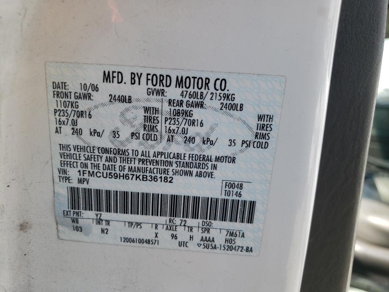 Photo 10 from auction – 2007 FORD ESCAPE HEV with VIN 1FMCU59H67KB36182