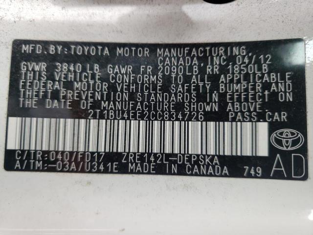Photo 10 from auction – 2012 TOYOTA COROLLA BA with VIN 2T1BU4EE2CC834726