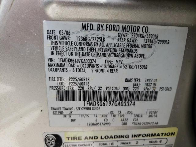 FORD FREESTYLE 2007 with VIN 1FMDK06197GA03374 - Photo from auction