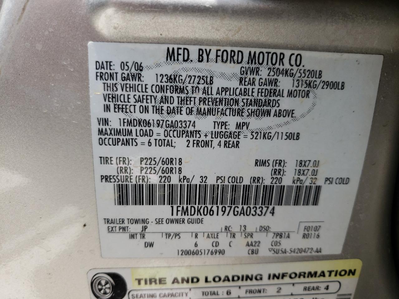 Photo 11 from auction – 2007 FORD FREESTYLE with VIN 1FMDK06197GA03374