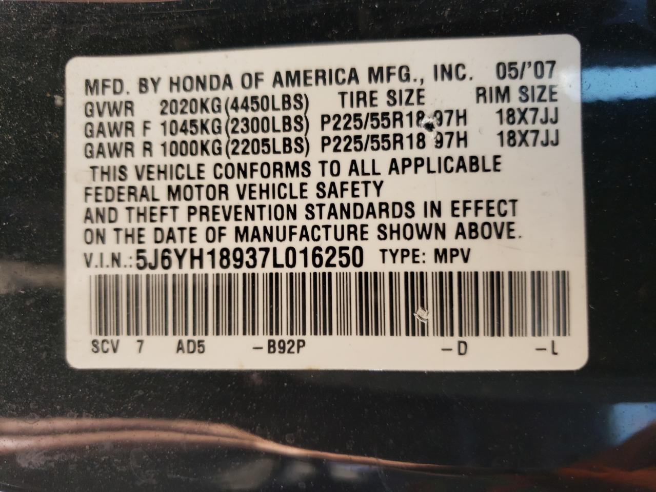 Photo 10 from auction – 2007 HONDA ELEMENT SC with VIN 5J6YH18937L016250