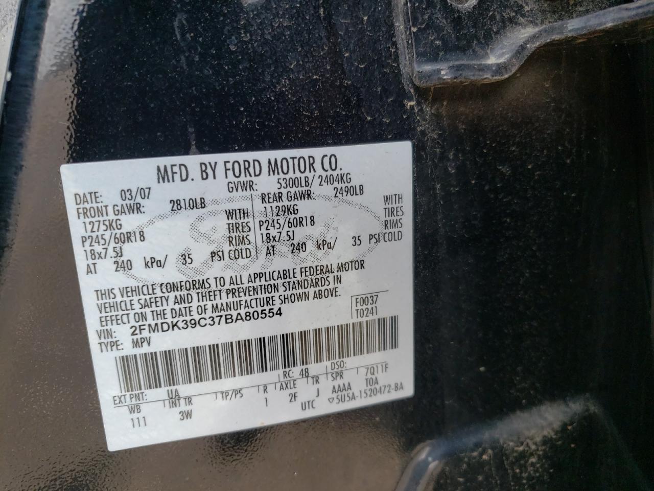 Photo 10 from auction – 2007 FORD EDGE SEL P with VIN 2FMDK39C37BA80554