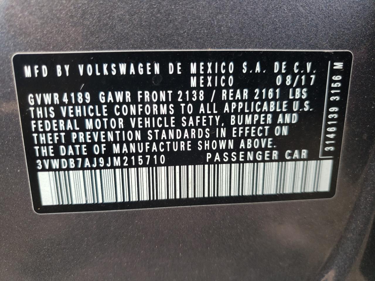 Photo 10 from auction – 2018 VOLKSWAGEN JETTA SE with VIN 3VWDB7AJ9JM215710
