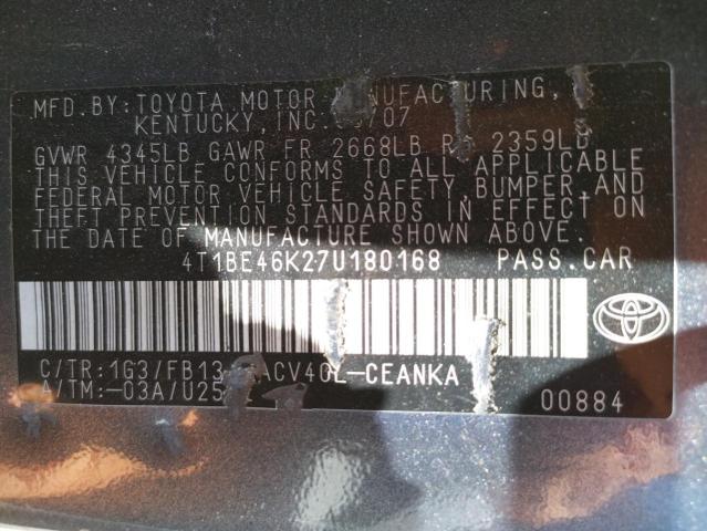 Photo 10 from auction – 2007 TOYOTA CAMRY CE with VIN 4T1BE46K27U180168