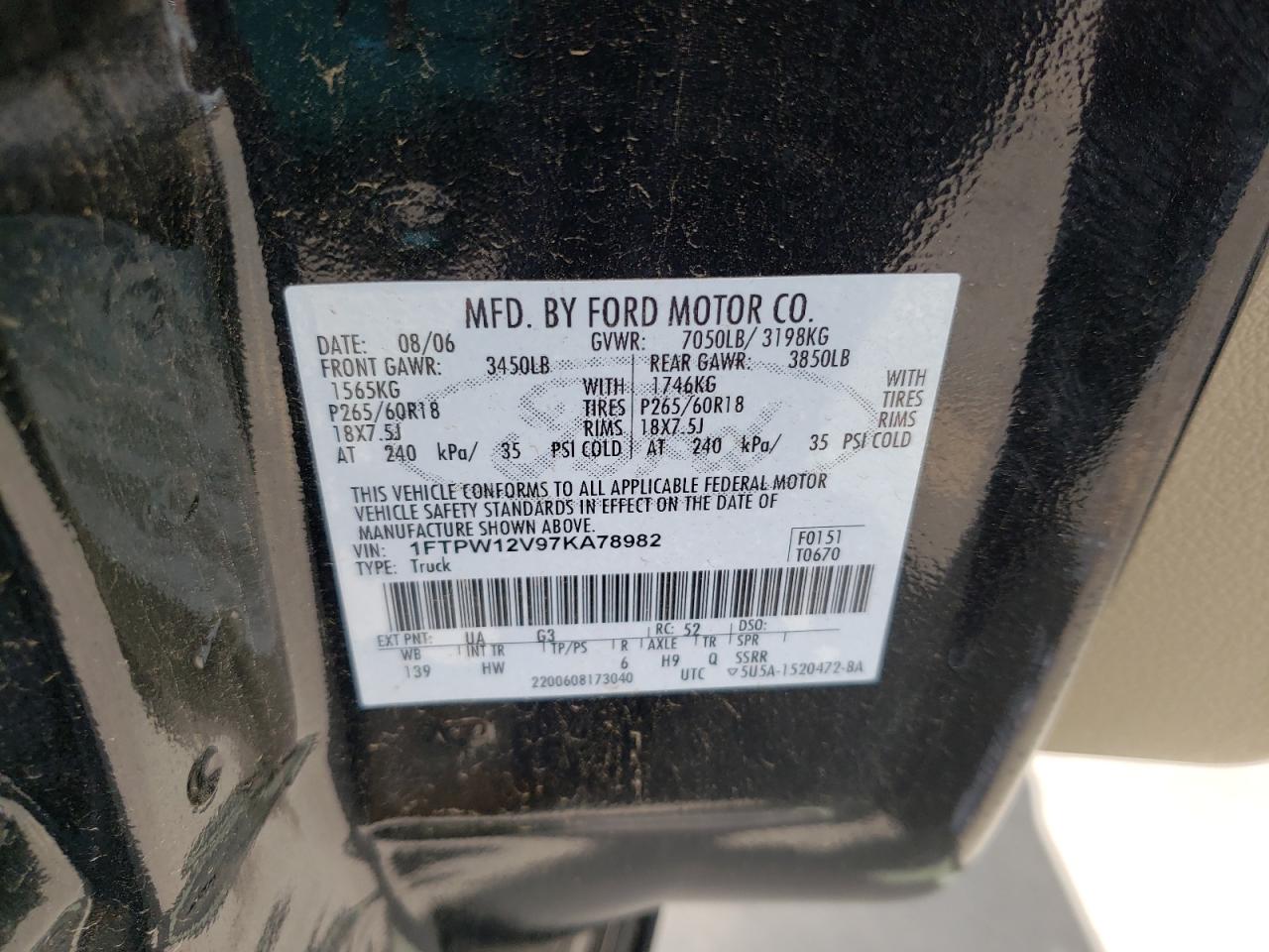 Photo 10 from auction – 2007 FORD F150 SUPER with VIN 1FTPW12V97KA78982