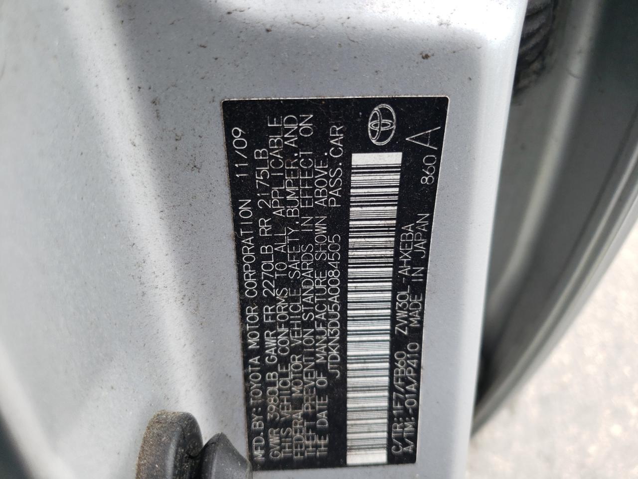 Photo 10 from auction – 2010 TOYOTA PRIUS with VIN JTDKN3DU5A0084505