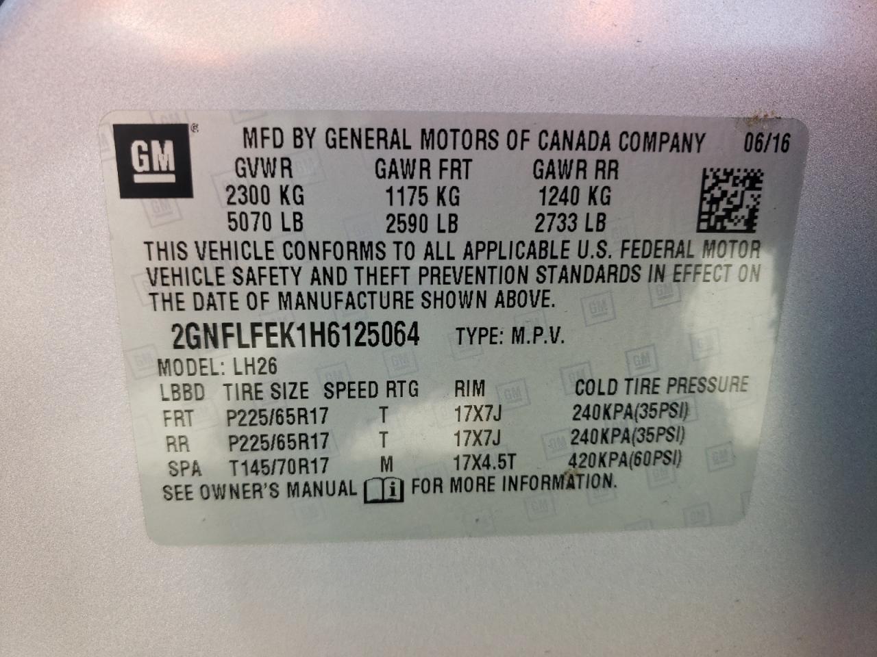 Photo 10 from auction – 2017 CHEVROLET EQUINOX LT with VIN 2GNFLFEK1H6125064