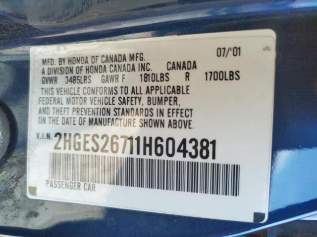 Photo 10 from auction – 2001 HONDA CIVIC EX with VIN 2HGES26711H604381