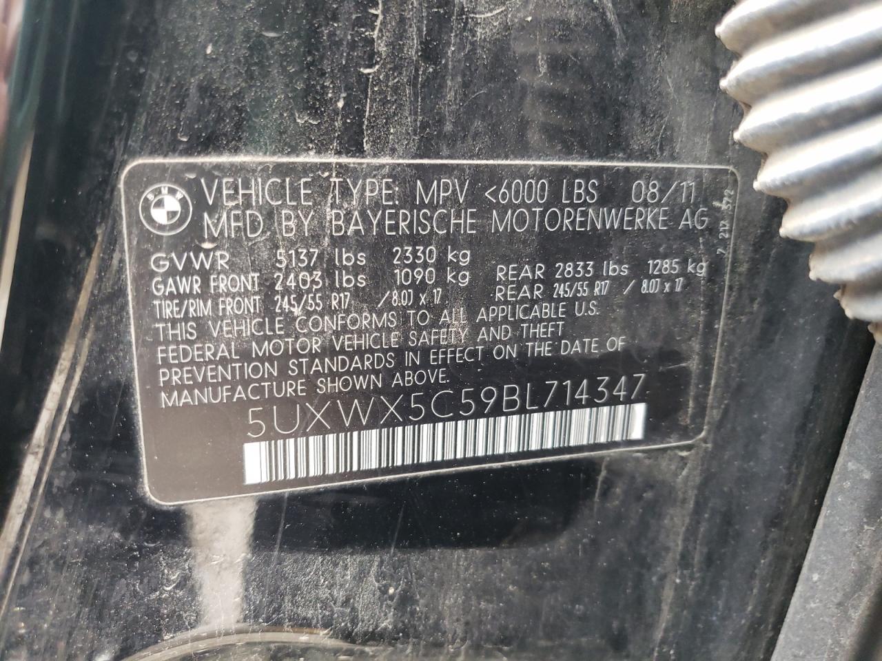 Photo 10 from auction – 2011 BMW X3 XDRIVE2 with VIN 5UXWX5C59BL714347