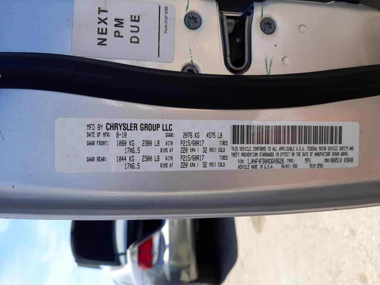 Photo 10 from auction – 2010 JEEP COMPASS SP with VIN 1J4NF4FB0AD649628