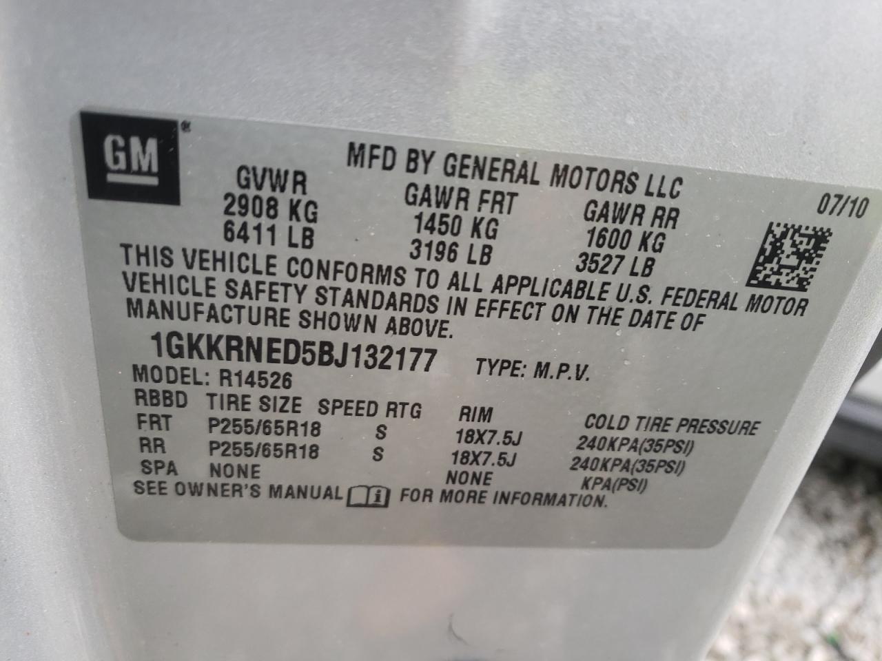 Photo 10 from auction – 2011 GMC ACADIA SLE with VIN 1GKKRNED5BJ132177