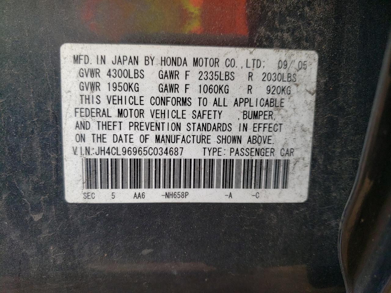 Photo 11 from auction – 2005 ACURA TSX with VIN JH4CL96965C034687