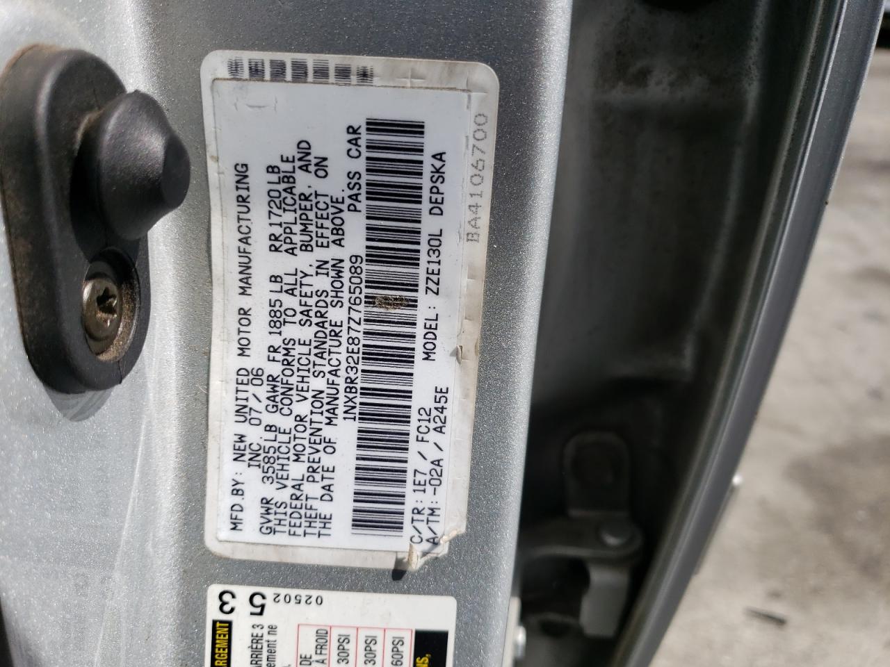 Photo 10 from auction – 2007 TOYOTA COROLLA CE with VIN 1NXBR32E87Z765089