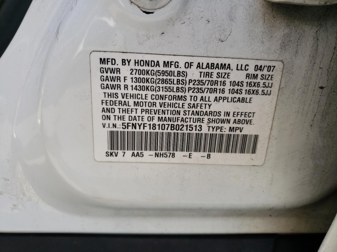 Photo 10 from auction – 2007 HONDA PILOT LX with VIN 5FNYF18107B021513