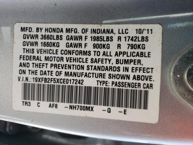 Photo 10 from auction – 2012 HONDA CIVIC with VIN 19XFB2F5XCE017242