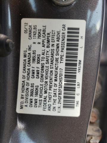 Photo 10 from auction – 2012 HONDA CIVIC LX with VIN 2HGFB2F52CH570117
