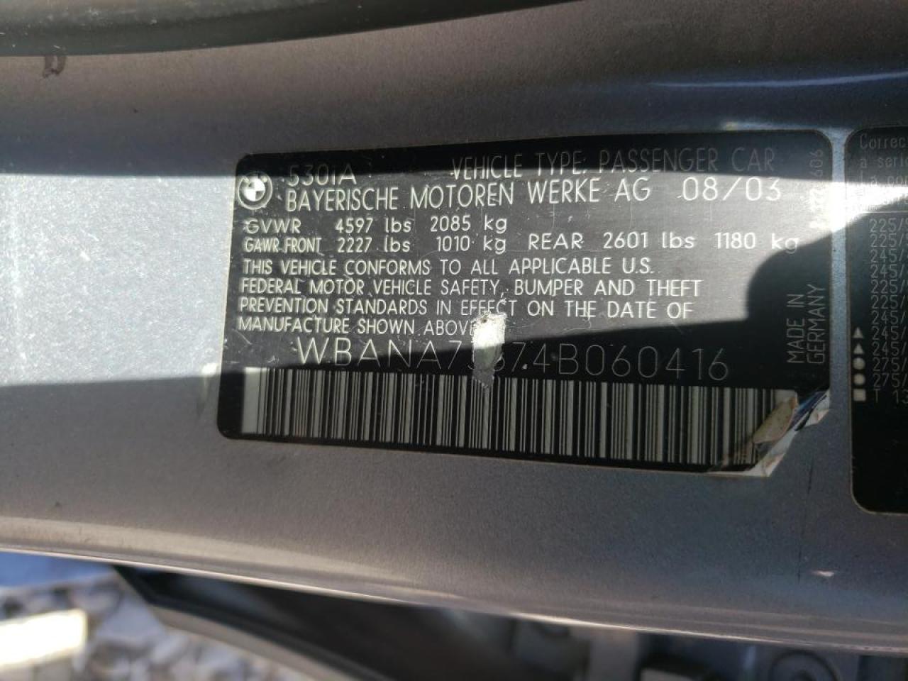 Photo 10 from auction – 2004 BMW 530 I with VIN WBANA73574B060416