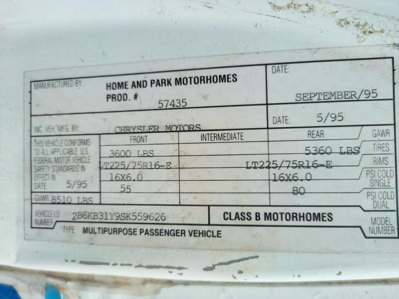 Photo 10 from auction – 1995 DODGE RAM VAN B3 with VIN 2B6KB31Y9SK559626