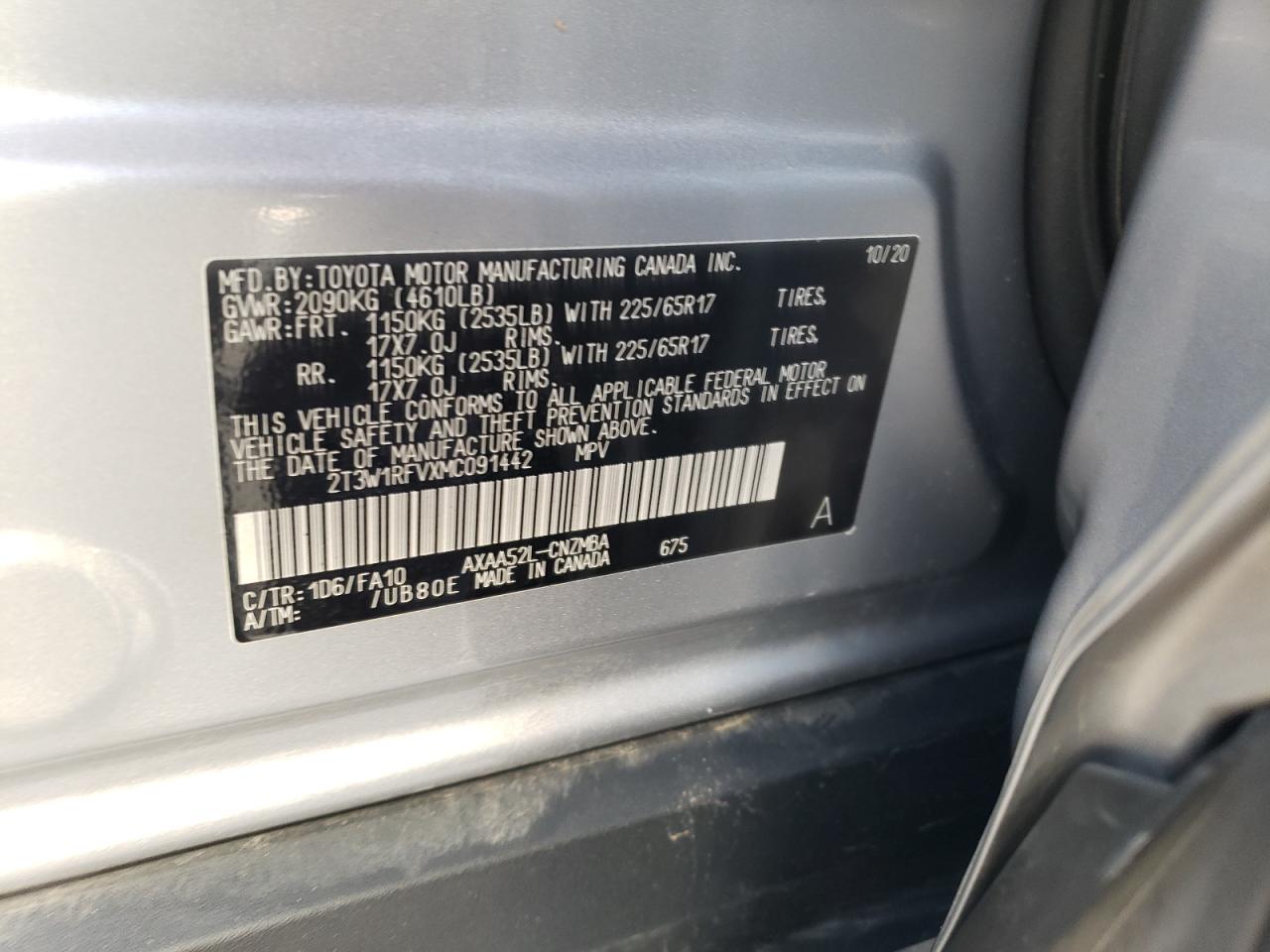 Photo 10 from auction – 2021 TOYOTA RAV4 XLE with VIN 2T3W1RFVXMC091442
