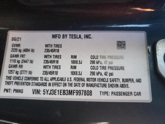Photo 10 from auction – 2021 TESLA MODEL 3 with VIN 5YJ3E1EB3MF997808