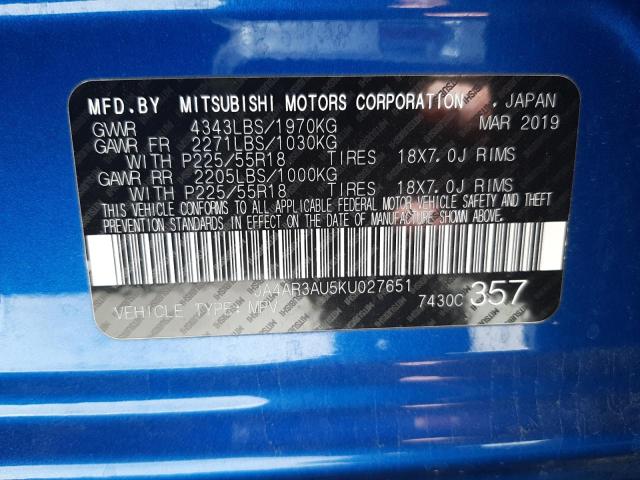 Photo 10 from auction – 2019 MITSUBISHI OUTLANDER with VIN JA4AR3AU5KU027651