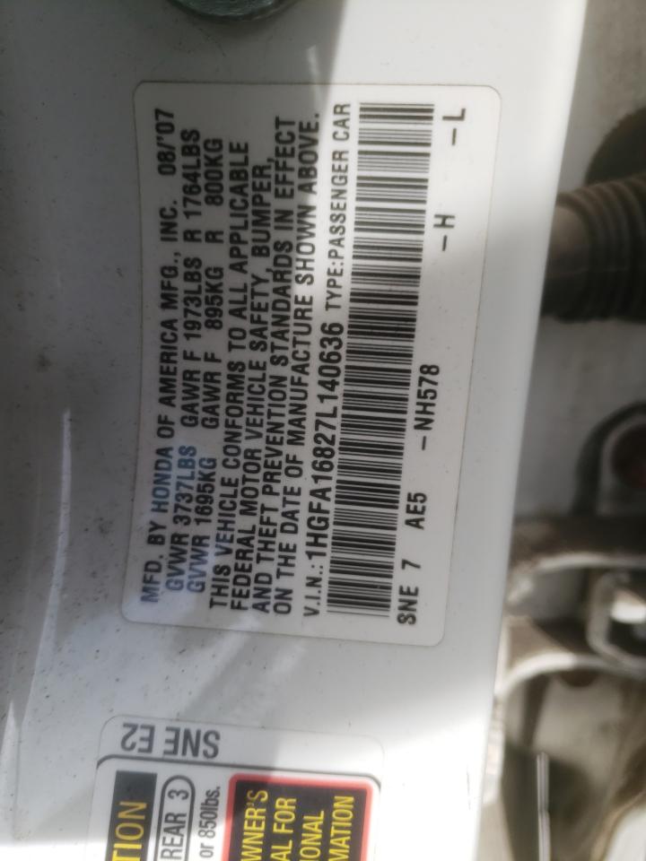 Photo 10 from auction – 2007 HONDA CIVIC EX with VIN 1HGFA16827L140636