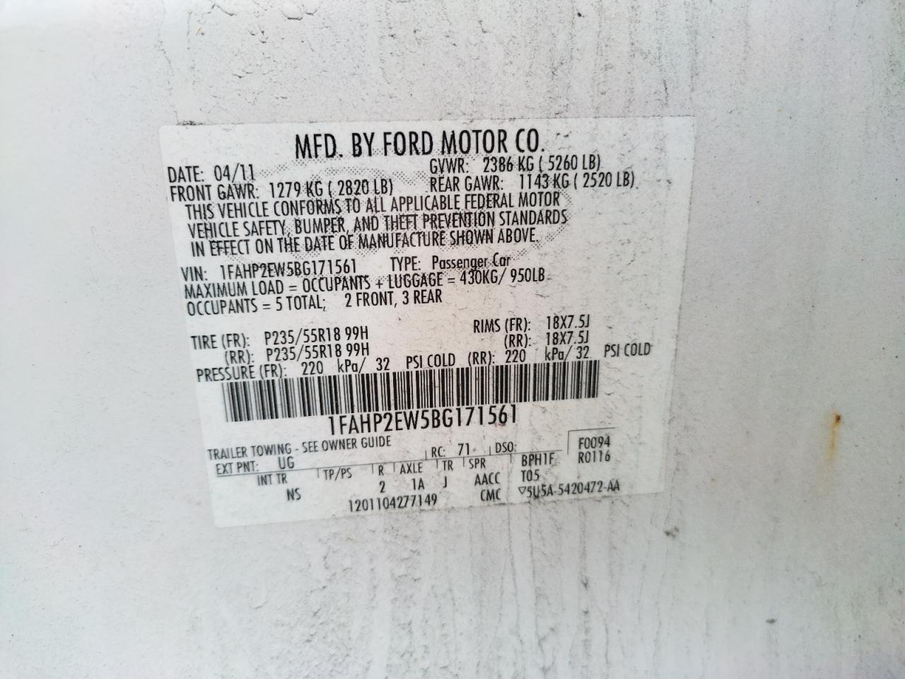 Photo 10 from auction – 2011 FORD TAURUS SEL with VIN 1FAHP2EW5BG171561