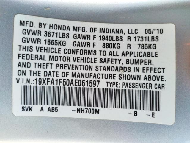 Photo 10 from auction – 2010 HONDA CIVIC LX with VIN 19XFA1F50AE061597