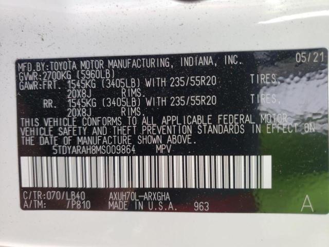 Photo 10 from auction – 2021 TOYOTA HIGHLANDER with VIN 5TDYARAH8MS009864