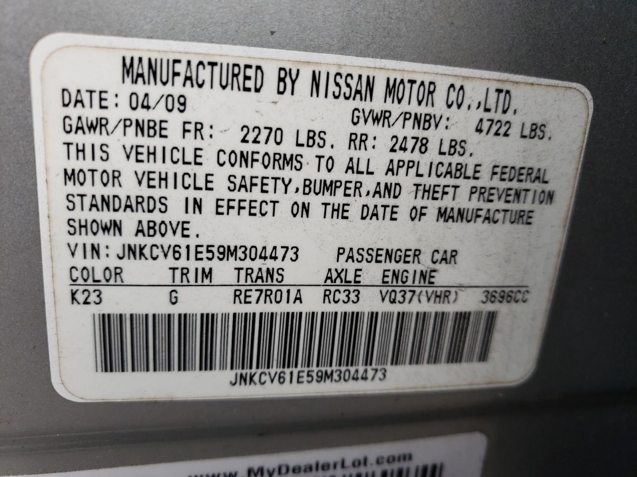 Photo 11 from auction – 2009 INFINITI G37 BASE with VIN JNKCV61E59M304473