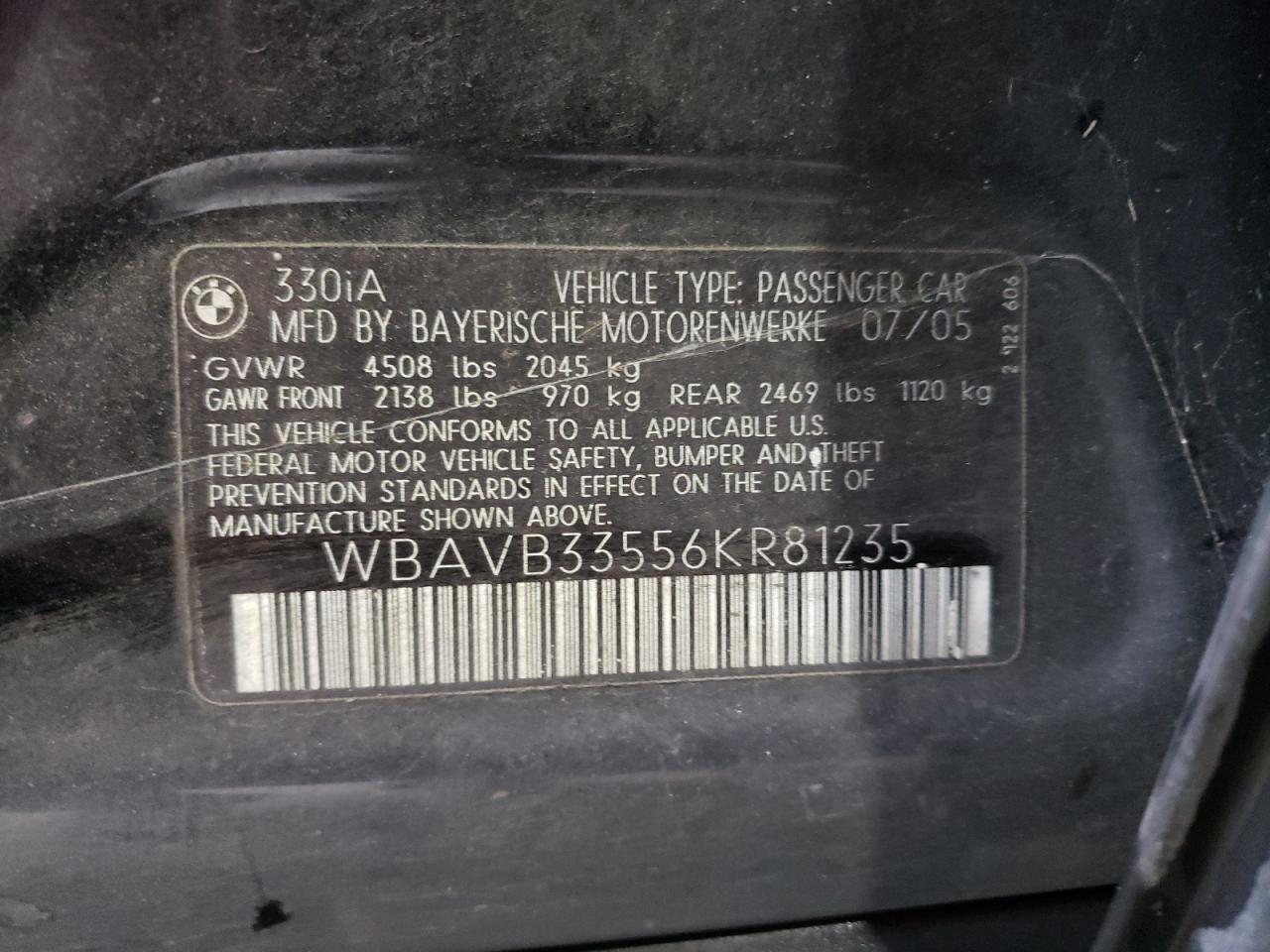 Photo 11 from auction – 2006 BMW 330 I with VIN WBAVB33556KR81235