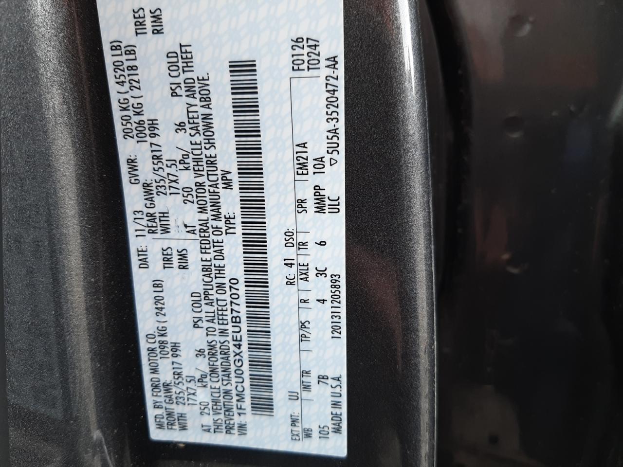 Photo 10 from auction – 2014 FORD ESCAPE SE with VIN 1FMCU0GX4EUB77070