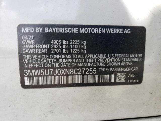 Photo 10 from auction – 2022 BMW M340I with VIN 3MW5U7J0XN8C27255