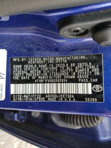 Photo 10 from auction – 2016 TOYOTA CAMRY LE with VIN 4T1BF1FK9GU565934