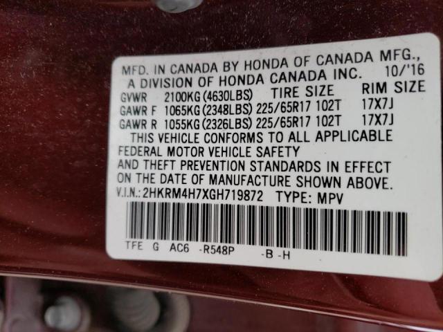 Photo 10 from auction – 2016 HONDA CR-V EXL with VIN 2HKRM4H7XGH719872