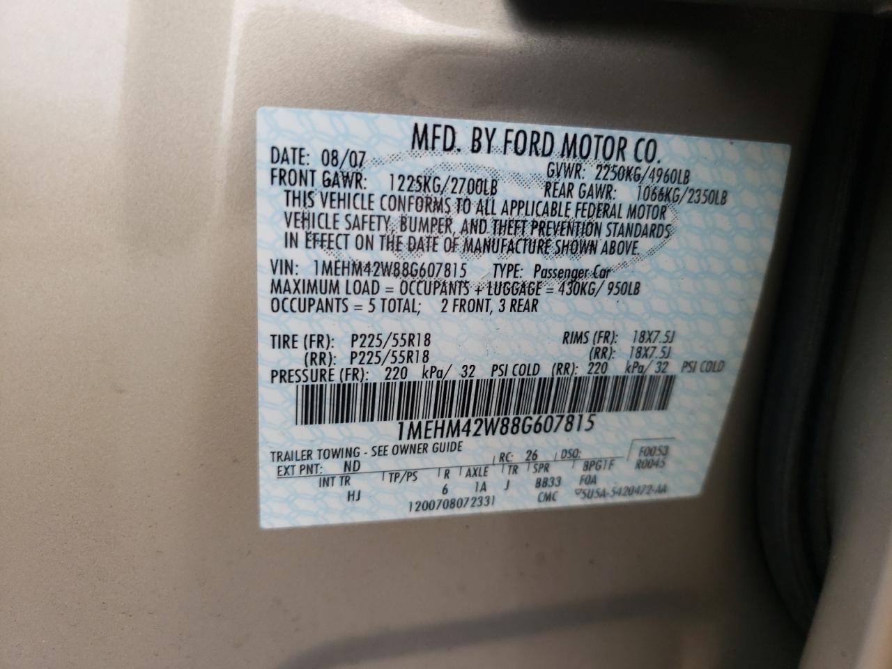 Photo 20 from auction – 2008 MERCURY SABLE PREM with VIN 1MEHM42W88G607815