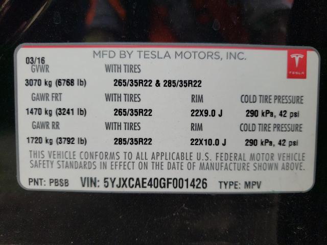 TESLA MODEL X 2016 with VIN 5YJXCAE40GF001426 - Photo from auction