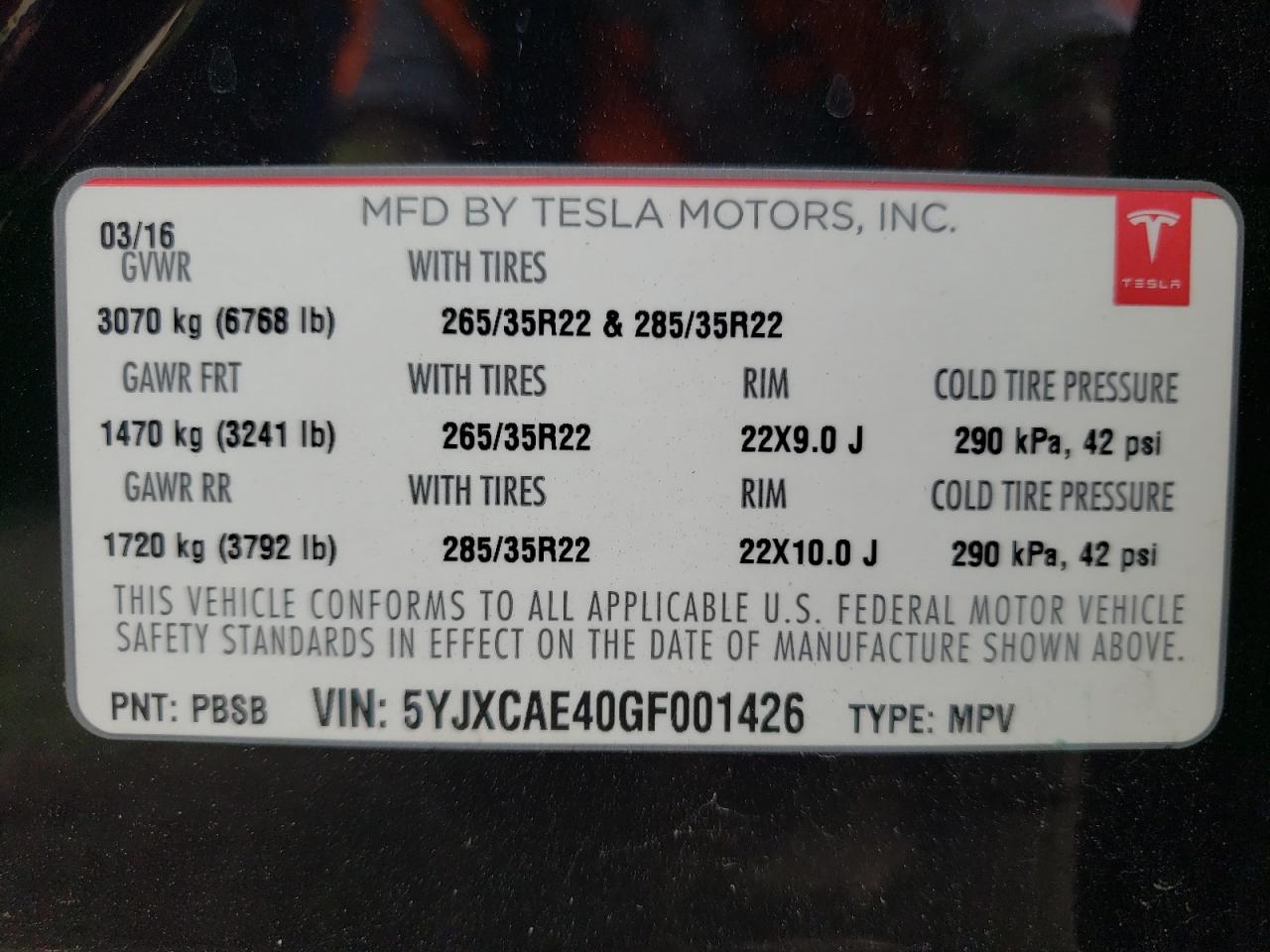 Photo 11 from auction – 2016 TESLA MODEL X with VIN 5YJXCAE40GF001426