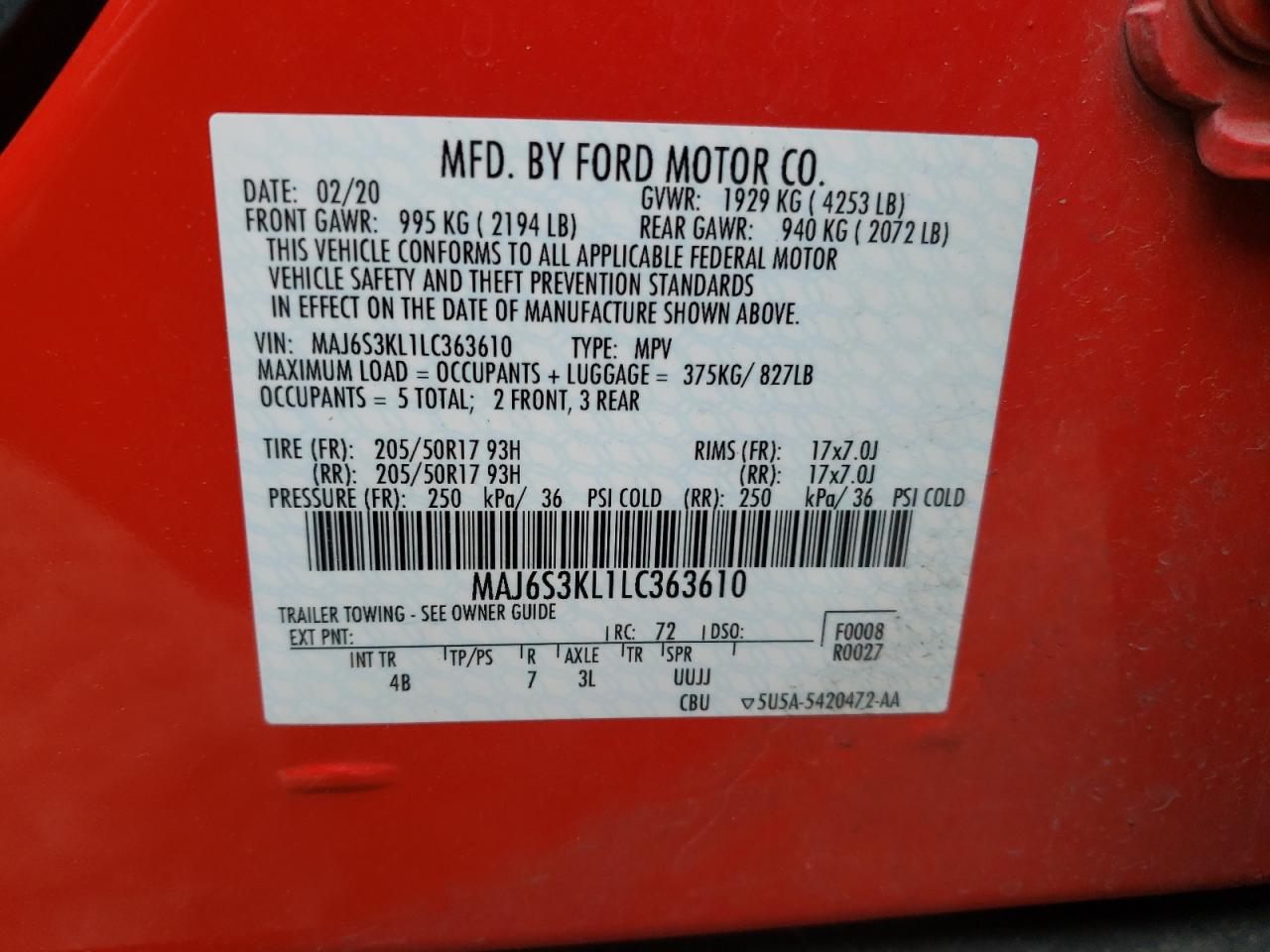 Photo 11 from auction – 2020 FORD ECOSPORT T with VIN MAJ6S3KL1LC363610
